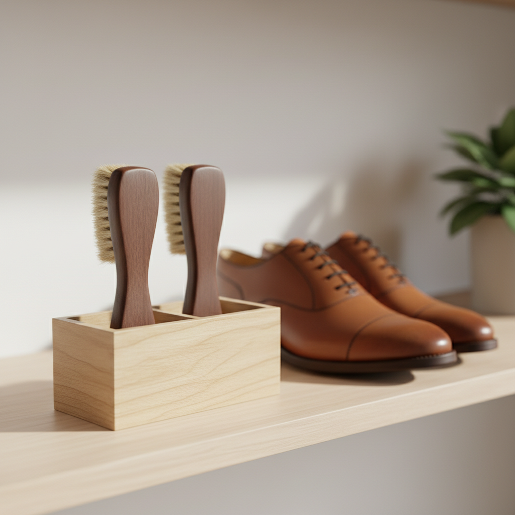 Two shoe brushes stored neatly in a wooden shoe care box on a shelf