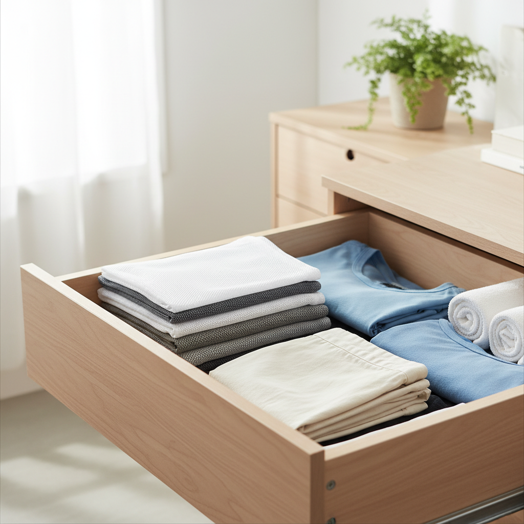 Mesh laundry bags stored flat in a drawer alongside folded clothes