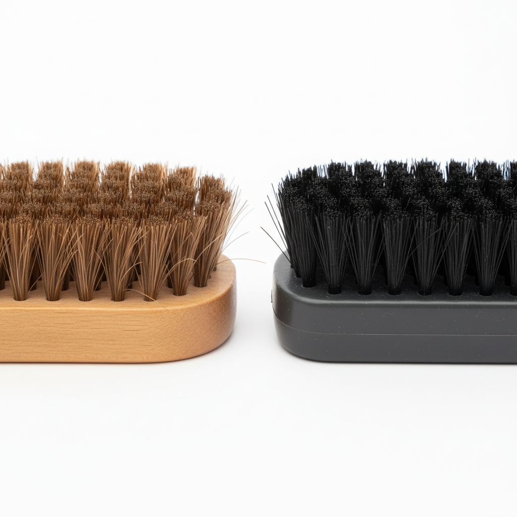 Close-up comparison of soft brown bristles and stiff black bristles side by side