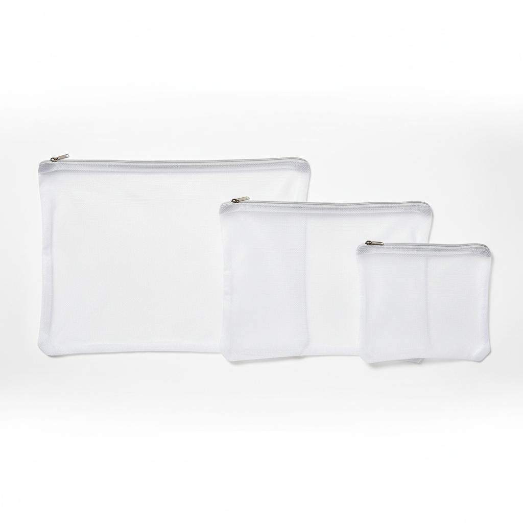 Set of three mesh laundry bags in small, medium and large sizes on white background
