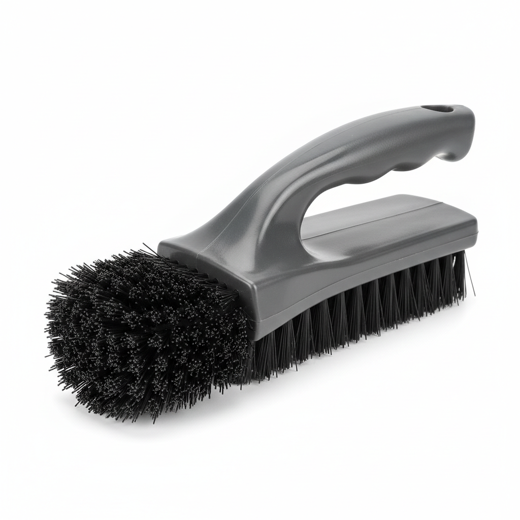 Stiff bristle shoe scrub brush with dark gray plastic handle on white background