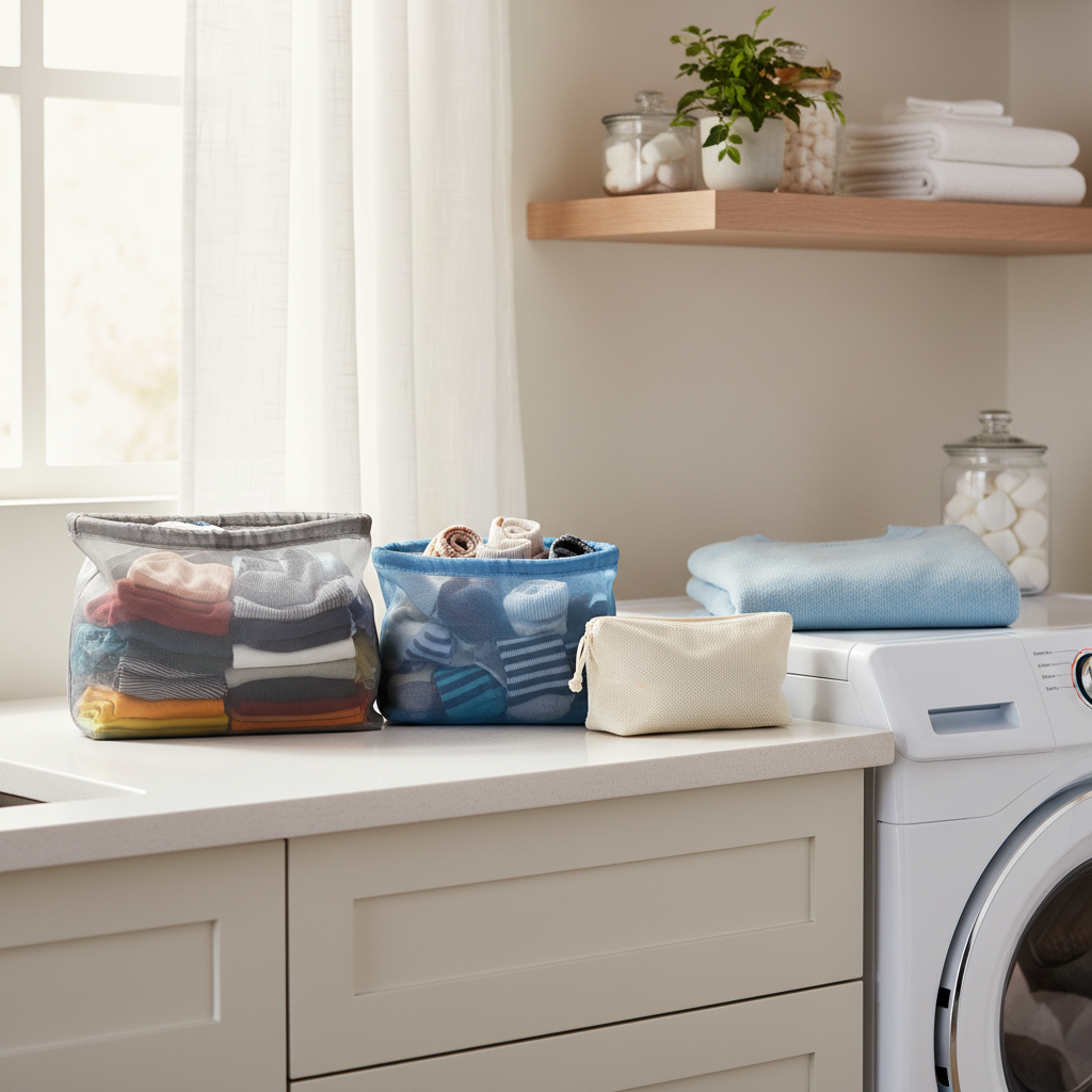 Three mesh laundry bags filled with different clothing types on laundry counter