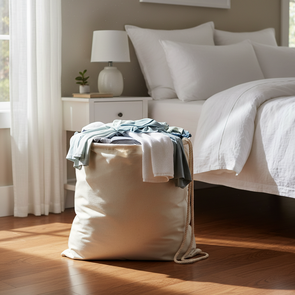 Drawstring laundry bag filled with clothes next to a bed