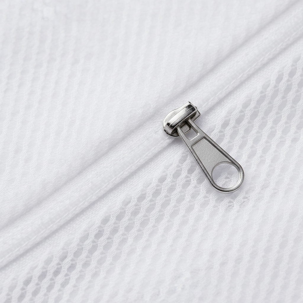 Close-up of mesh fabric texture and zipper detail