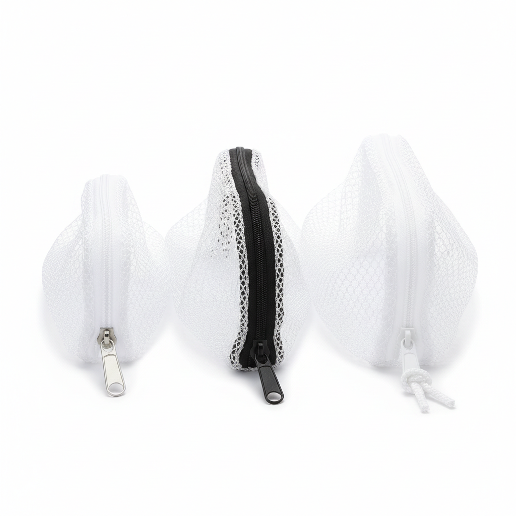 Close-up showing size comparison and zipper detail of mesh laundry bags