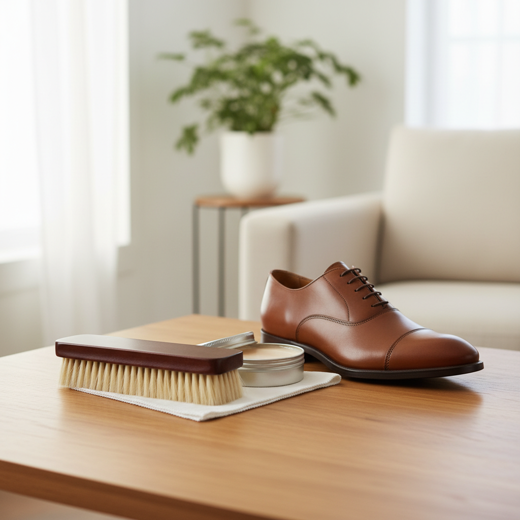 Shoe care kit with soft bristle brush, leather shoe and shoe polish on wooden surface