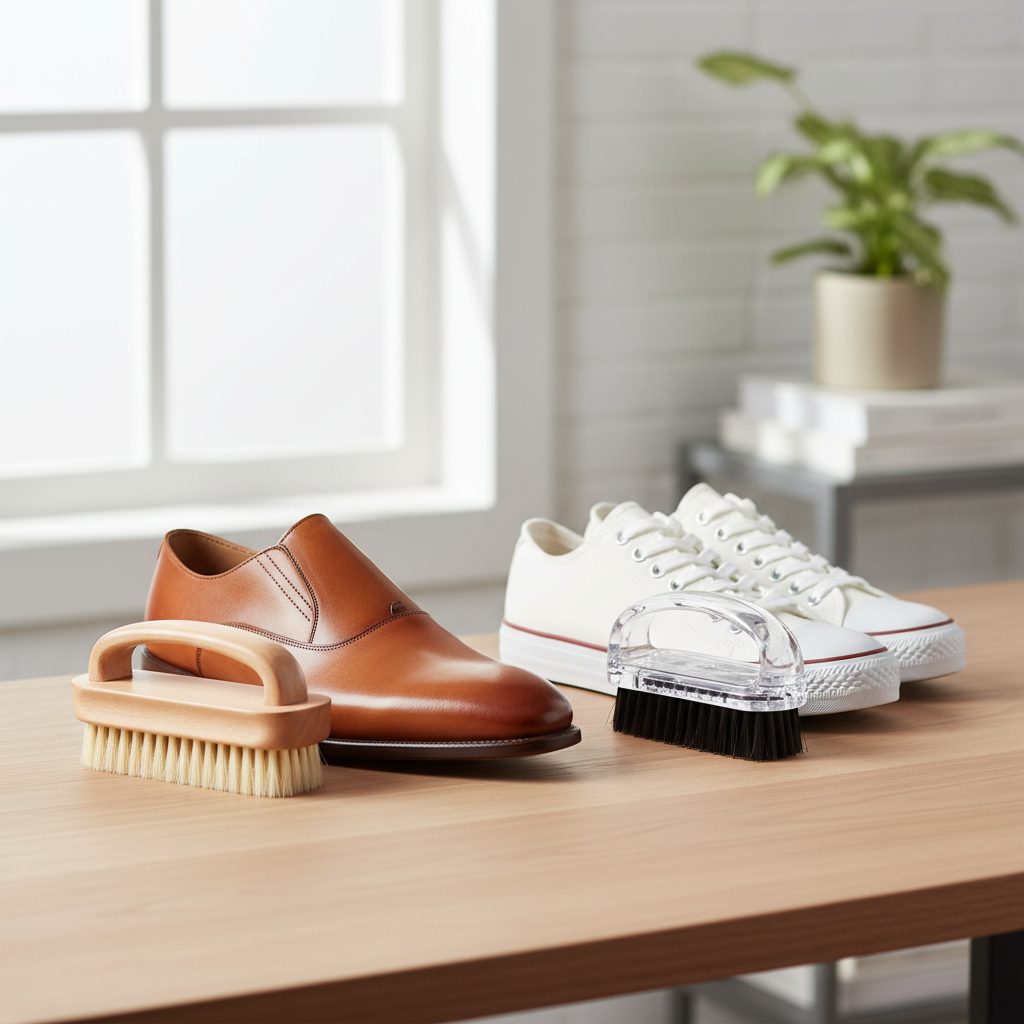 Two shoe brushes next to leather dress shoe and white sneaker on wooden surface