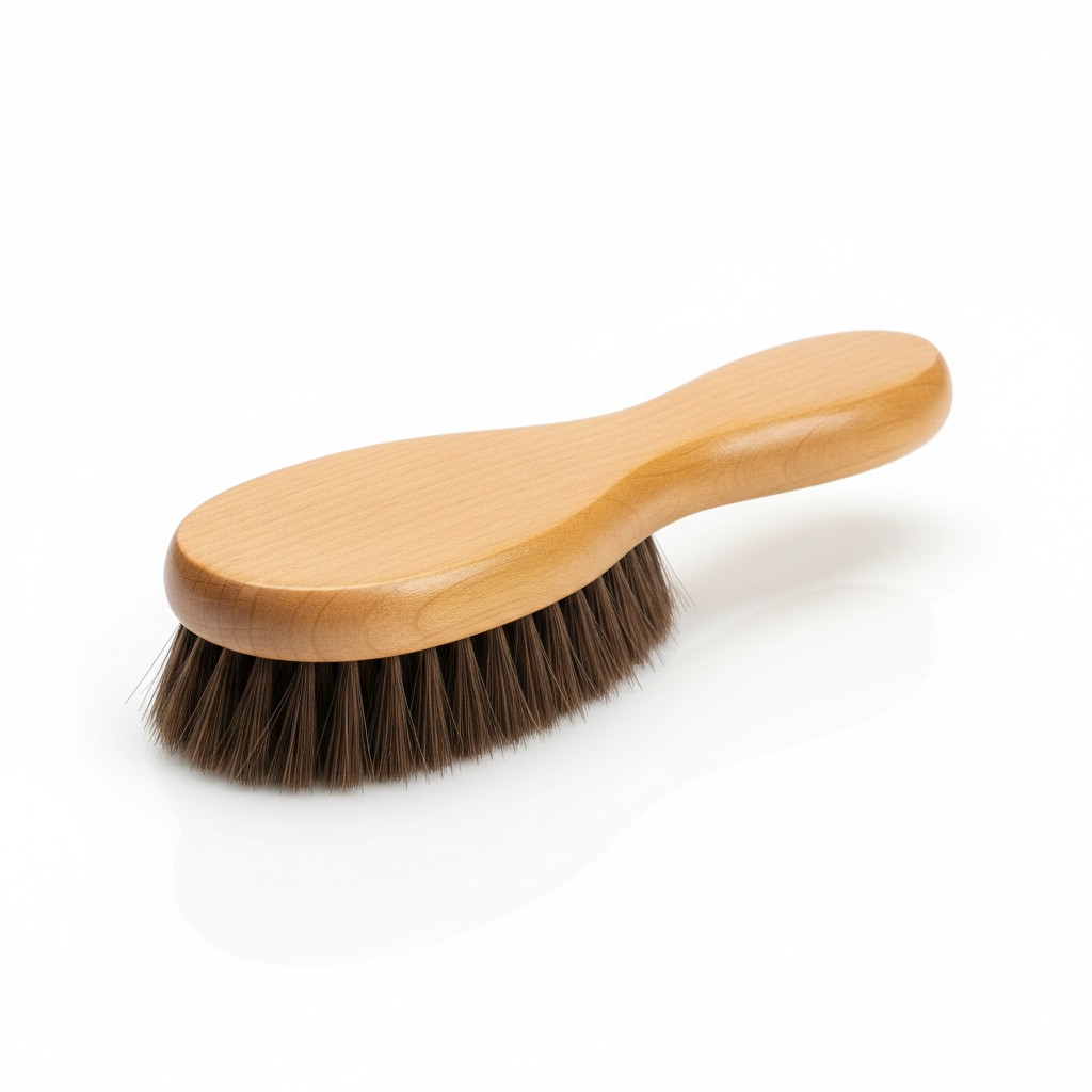 Soft bristle shoe brush with natural wooden handle on white background