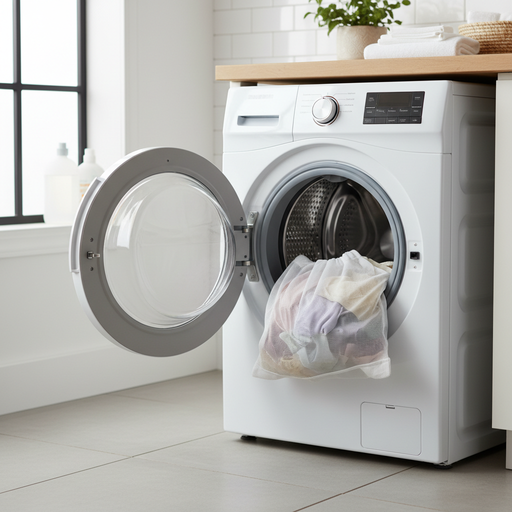 Mesh laundry bag placed inside washing machine drum