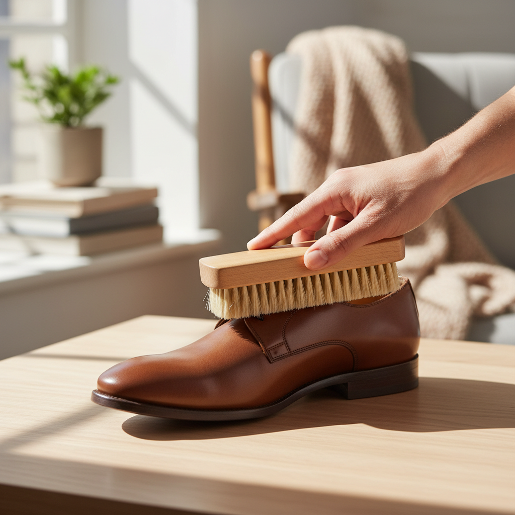 Hand brushing a leather shoe with soft bristle brush