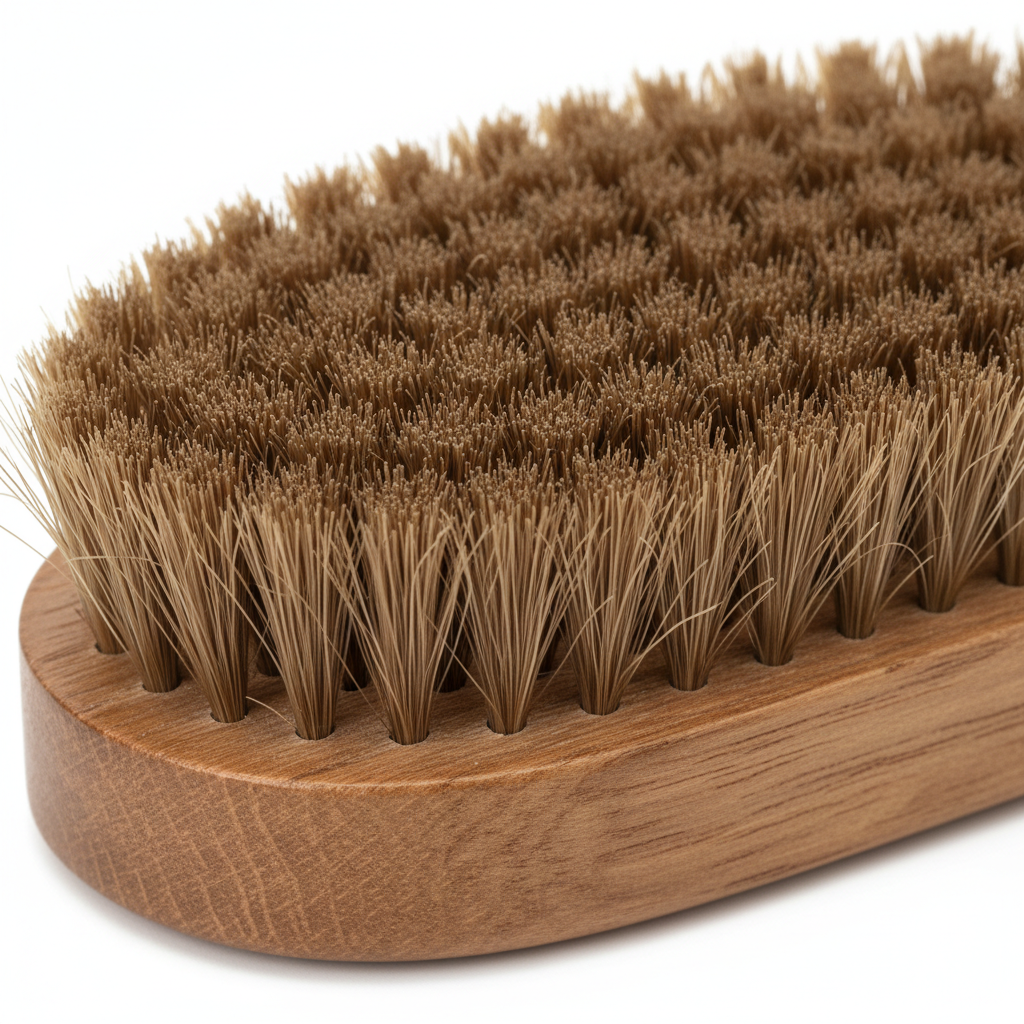 Close-up of soft brown bristles and wooden handle grain texture
