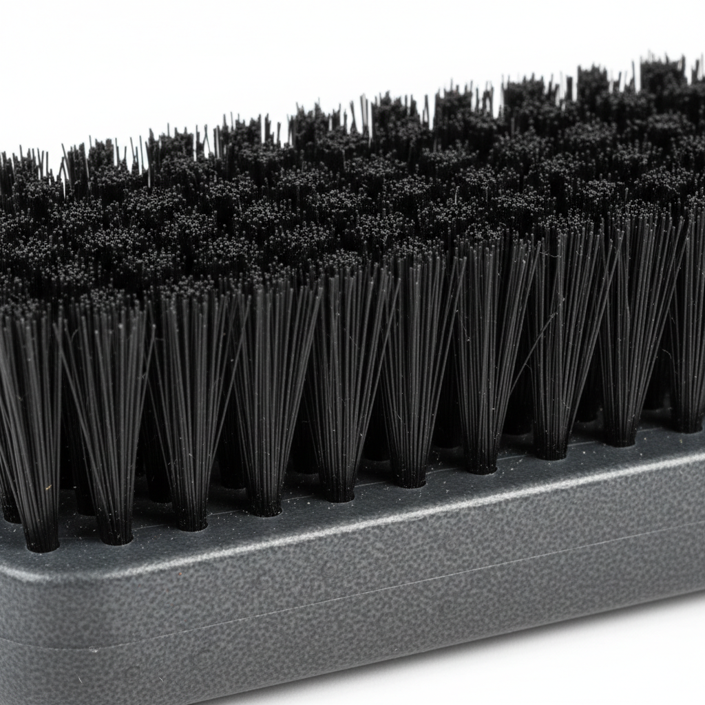 Close-up of stiff black bristles and textured grip handle