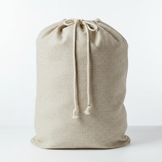 Large natural beige drawstring laundry bag on white background