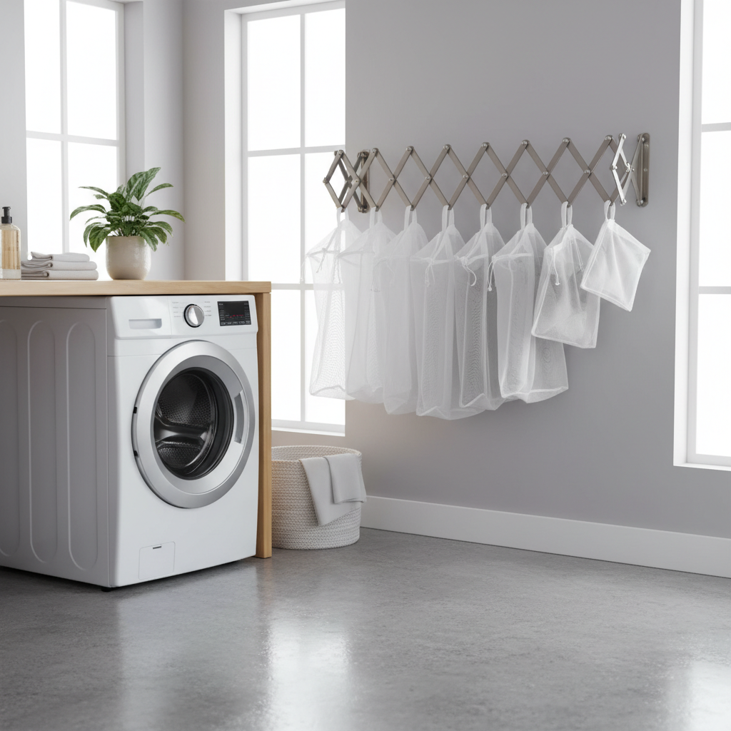 Multiple mesh laundry bags hanging on drying rack in laundry room