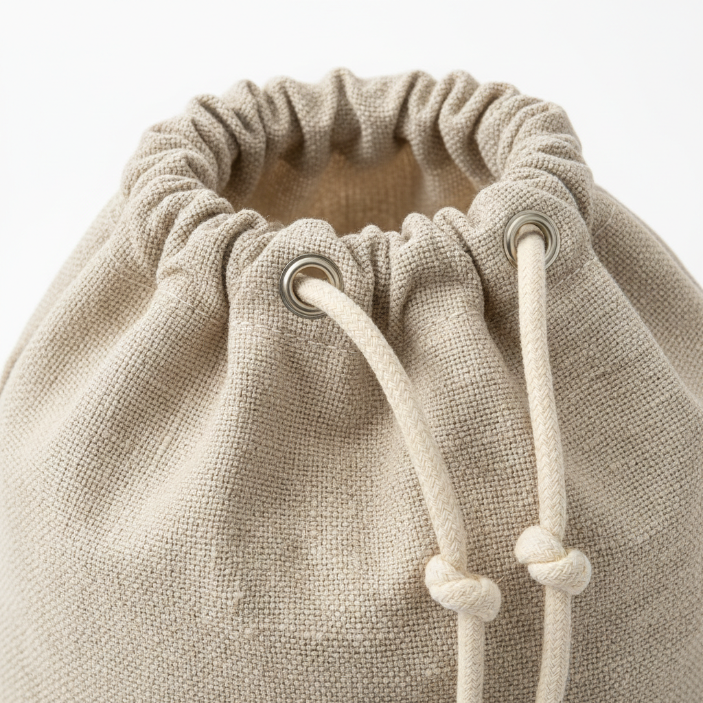Close-up of drawstring closure and woven fabric texture