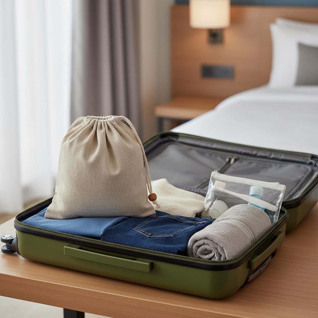 Folded laundry bag inside an open suitcase for travel