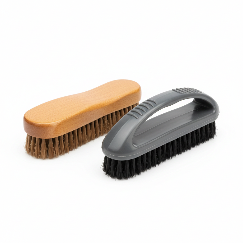 Set of two shoe brushes with wooden and plastic handles on white background