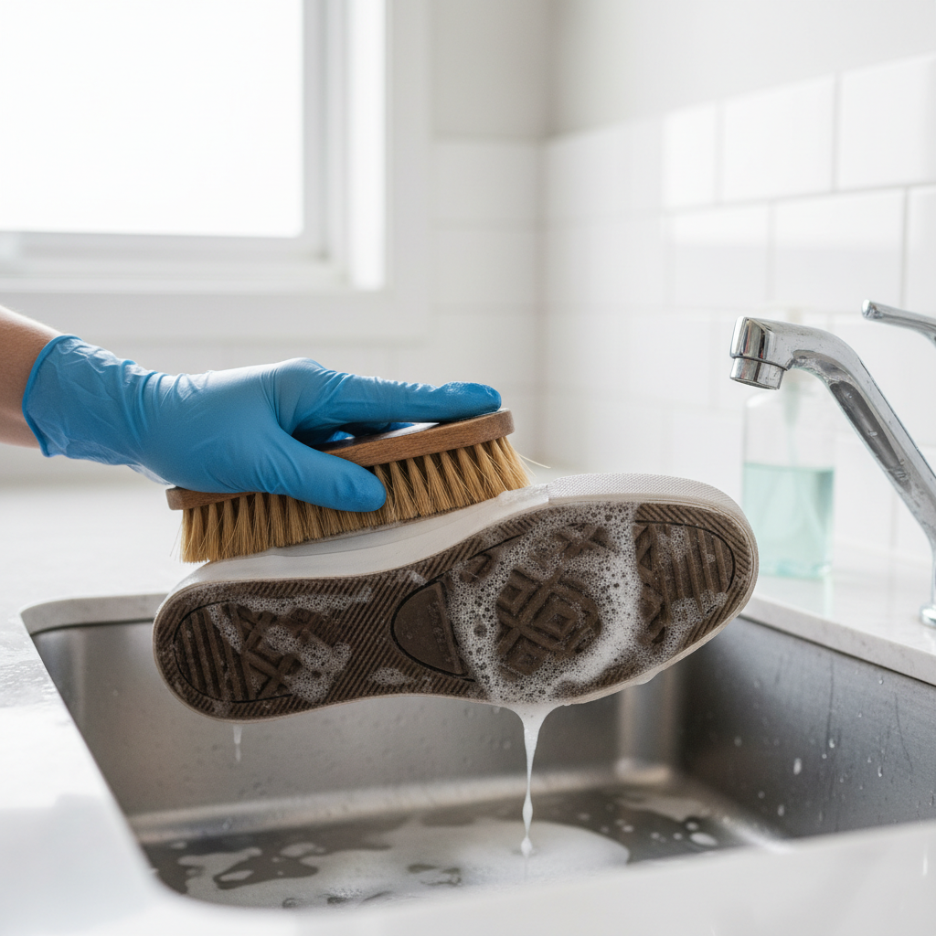Hand scrubbing rubber sole of white sneaker with stiff bristle brush over sink