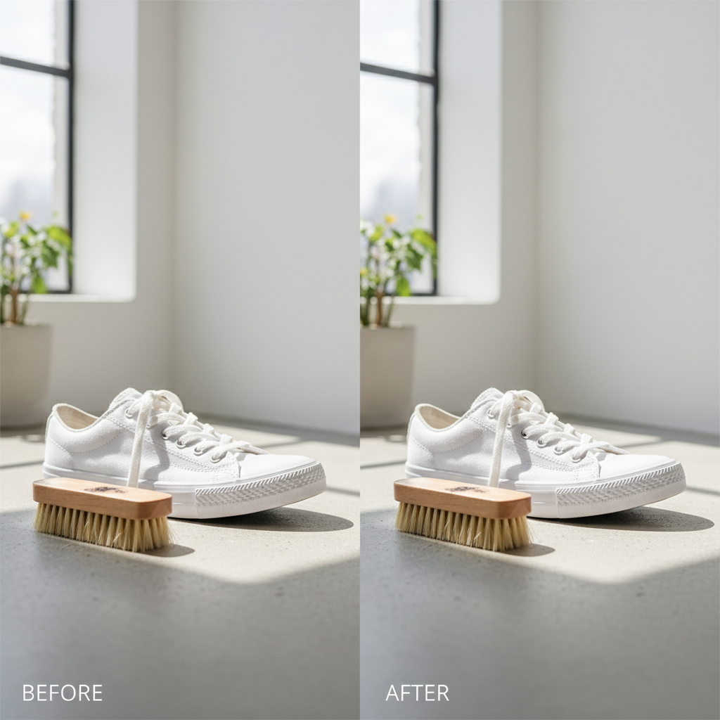 Clean white sneakers next to stiff bristle shoe brush on gray surface